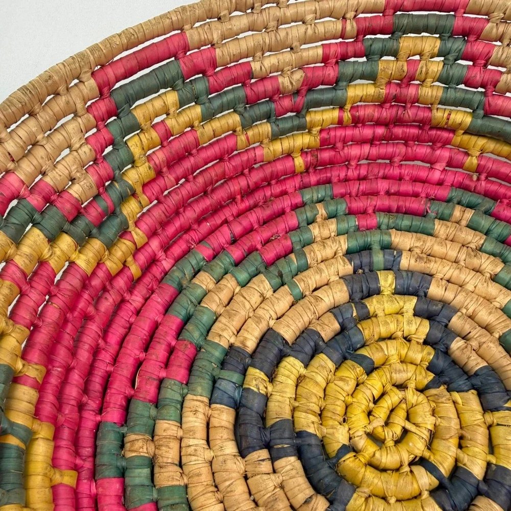 Hand Woven Coiled Straw Basket Bowl Pink Yellow Geometric Boho Decor 10 Inch